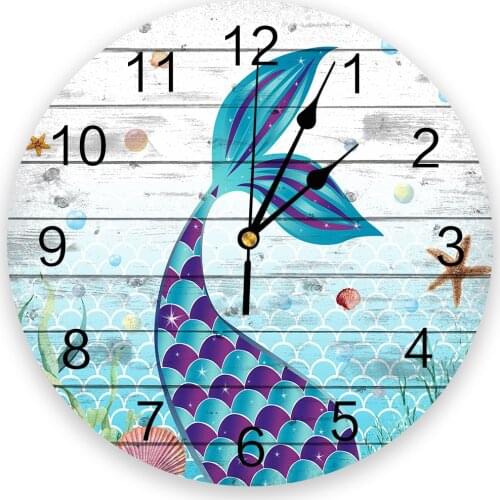 Mermaid Ocean Shell Wood Plank Texture Living Room Clock Wall Round Clocks Decor Home Bedroom Kitchen Decoration Wall Clocks
