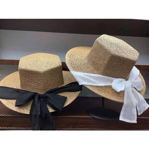 New Fashion Octagon Black And White Silk Ribbon Women Summer Beach Romance Wide Brim Panama Raffia Straw Hats
