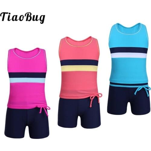 TiaoBug Kids Teens Bright Color Tankini Girls Sleeveless Swim Top with Shorts Swimsuit Swimwear Children Bathing Suit Bikini Set