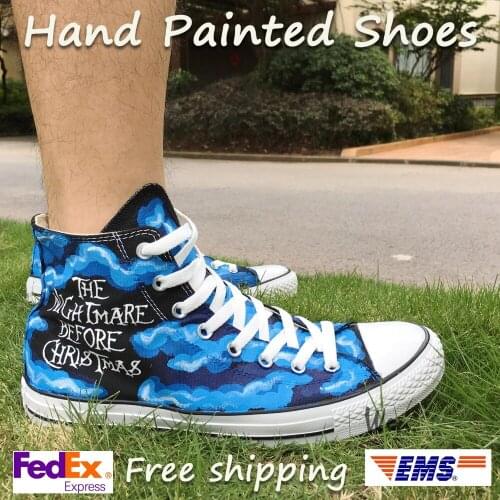 Wen Blue Hand Painted Shoes Design Custom Nightmare Before Christmas High Top Men Womens Canvas Sneakers for Gifts