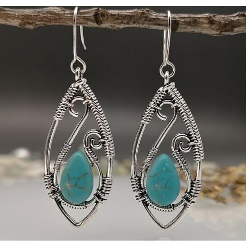 Vintage Creative New Craftsman Lapis Drop Earrings Retro Silver Wire Wound Hollow Out Turquoise Hook Earrings Fashion Jewelry