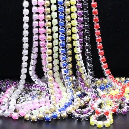 2/10Yards Pearl Chain Sliver Base Claw Glass Rhinestone Chain Pearl Trim Ribbon For Clothes Jewelry Accessories Nail Art Decor