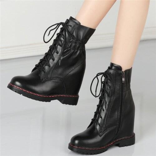 Oxfords Women Pleated Genuine Leather High Heel Ankle Boots Female Lace Up High Top Round Toe Platform Pumps Shoes Casual Shoes