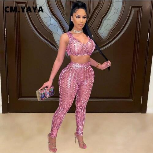 CM.YAYA Women Set Solid Sleeveless V-neck Crop Tops Mid Waist Sheath Elastic Full Length Pants 2 Piece Set Sexy Tracksuit Outfit