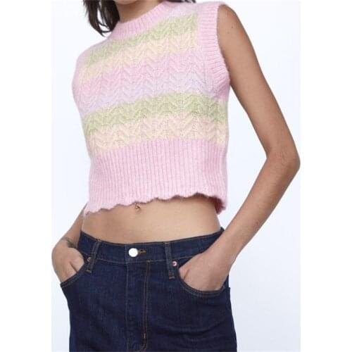 Women 2021 Sweet Fashion With Ribbed Trims Striped Vest Sweater Vintage Round Neck Sleeveless Female Waistcoat Chic Tops
