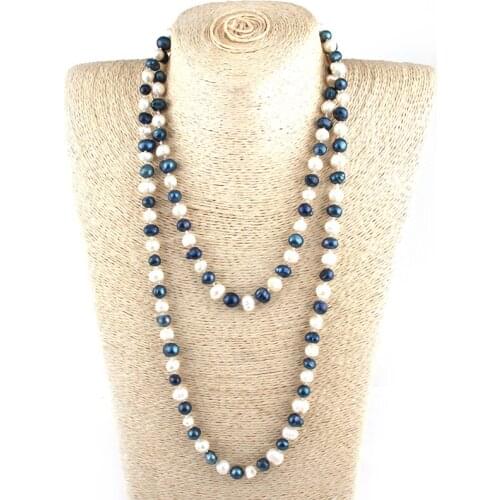 Fashion 8-9mm White & Black Pearls Knotted Halsband Natural Freshwater Pearl Necklaces Jewelry For Women