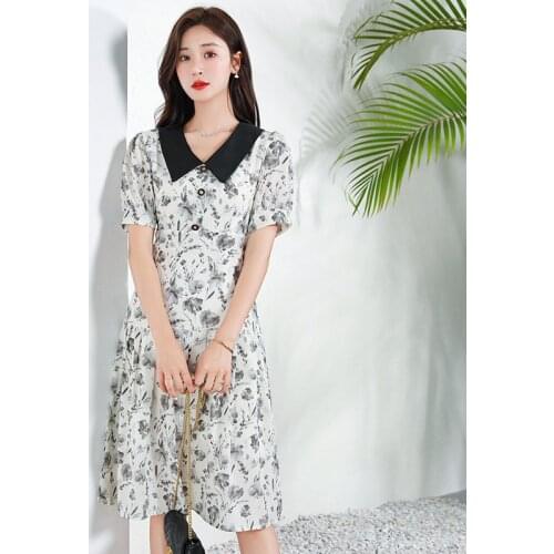 Stylish lapel chiffon dress Summer womens new Korean style waist short-sleeved pleated skirt