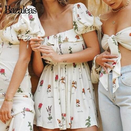 Bazaleas Vintage Square Collar Ruffles women Dresses Slim Elastic Waist vestidos Floral Print Cream women dress