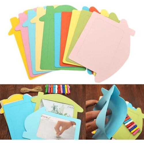 10pcs/Lot 5inch Colorful DIY House Shape Photo Frames Wall Hanging Cute Paper Photo Frame With Rope Wood Clip For Picture