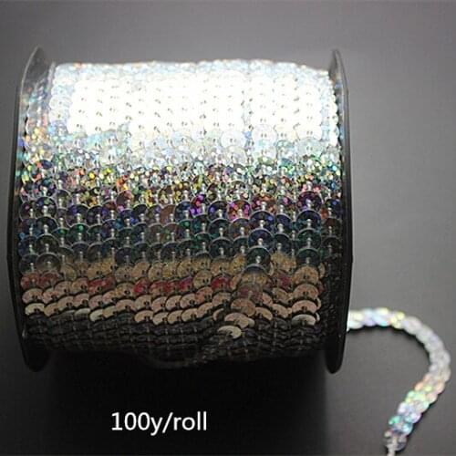 100Y/Roll Laser Silver 6mm Sequin Trim Sewing Paillette Strings Round Sequins in Roll For DIY Crafts making