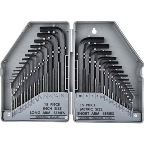 896B 30-Pcs Hex Key Allen Wrench Set, L Shape, Chamfered Tips | SAE 0.028 - 3/8 inch | Metric 0.7-10 mm | In Storage Case