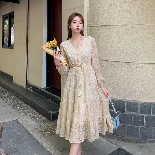 9501# new yellow floral dress womens V-neck gentle wind bandage long sleeve waist A-line skirt