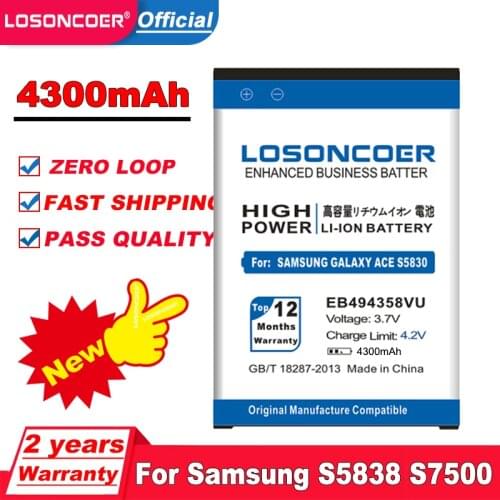 LOSONCOER 4300mAh EB494358VU For Samsung Galaxy Ace S5830 Battery S6802 B7510 I569 I579 I619 S5660 S5670 S5830I S5838 S6108 5830