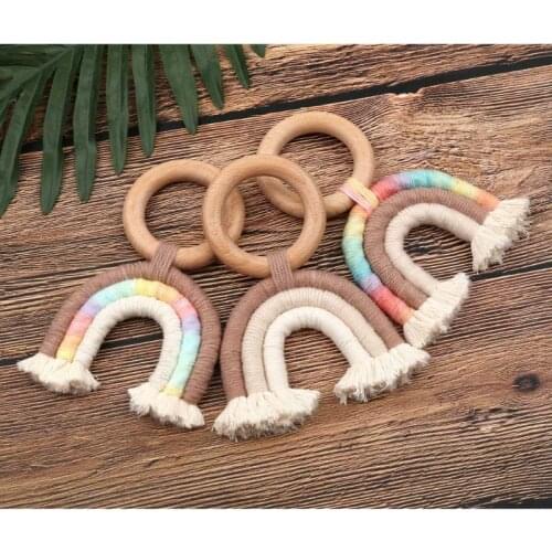 Baby Teething Ring Rainbow Tassel Macrame Wooden Boho Baby Teether Stroller Gift Decoration Toys Shower Gift