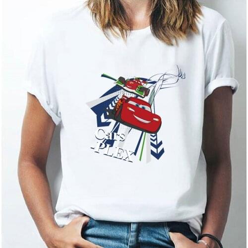 Disney Cars Lightning McQueen Printing Tee Oversized T-shirt Girl Kawaii Tops Summer Cute Cartoons O-Neck Unisex Loose Femme