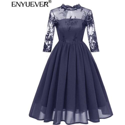 Enyuever Ladies Dresses For Women Party Clothes 2021 Sleeve Mesh Hollow Out Swing Lace Chiffon Embroidered Formal Dress Vestidos