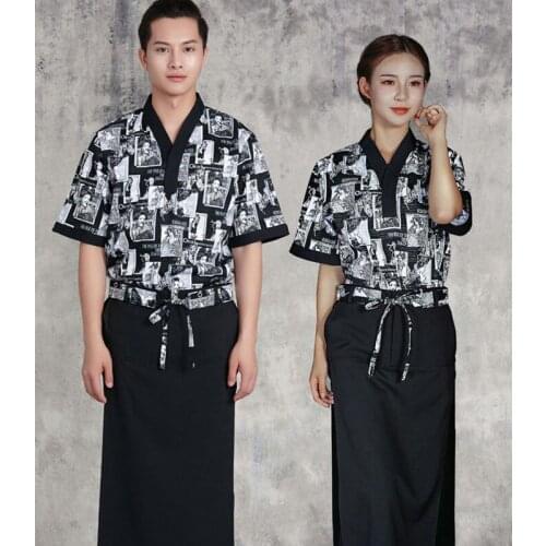 Chef Uniform Women Short Sleeved Japanese Cuisine Cook Jackets Women Man Sushi Suits 1 set (pants ,belt ,top )