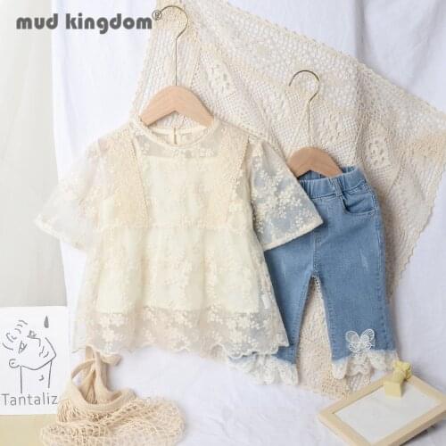 Mudkingdom Girls Sets Camisole Shirt Jeans Lace Mesh Tops Patchwork Pants Outfits for Toddler Summer Drop Shoulder Clothes