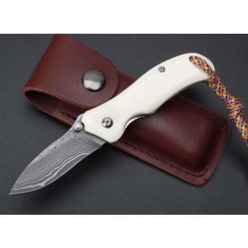 Small ZT Knife 5.8 inch Bone Handle Damascus Folding Blade Pocket Tactical Knife Hunting Fishing Xmas Gift Knives EDC Tools