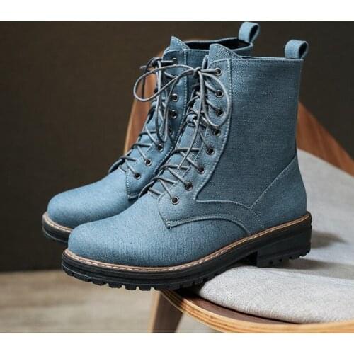 2020 new fashion autumn winter short boots low heel square heel Martin boots denim Lace Up casual Ankle Boots for women c20-11