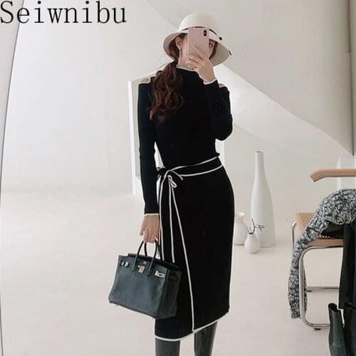Seiwnibu Fashion Winter Off Shoulder Sweater Dress Elegant Korean Women Turtleneck Knitted Mid-Calf Office Bow Lace Up Dress