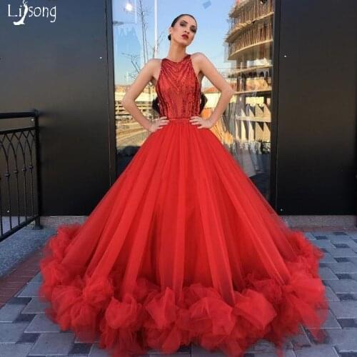 Amazing Red Sequin Tulle Puffy Romantic Evening Dresses Ball Gowns Custom Made See through Women Formal Maxi Gowns Vestidos Noiv