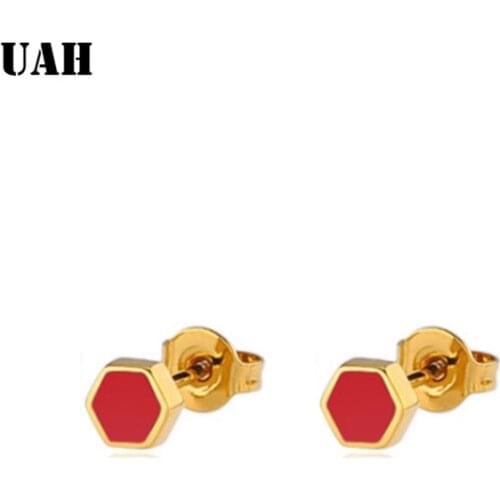 UAH Simple Design Fashion Red Hexagon Stud Earrings For Women Girls Fashion Style Exquisite Jewelry Female Earrings High Quality