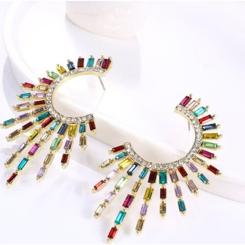 Simple Irregular Geometric Half-round Full Crystal Rhinestone C- Shaped Fashion Stud Earrings for Women Girls Party Jewelry