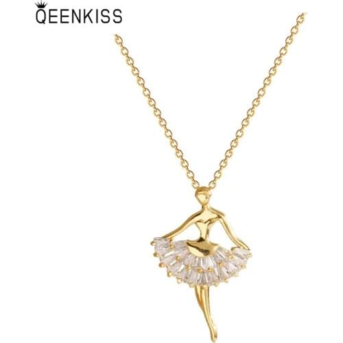 QEENKISS NC737 Fine Jewelry Wholesale Fashion Woman Birthday Wedding Gift Ballet Girl AAA Zircon 18KT Gold Pendant Necklace