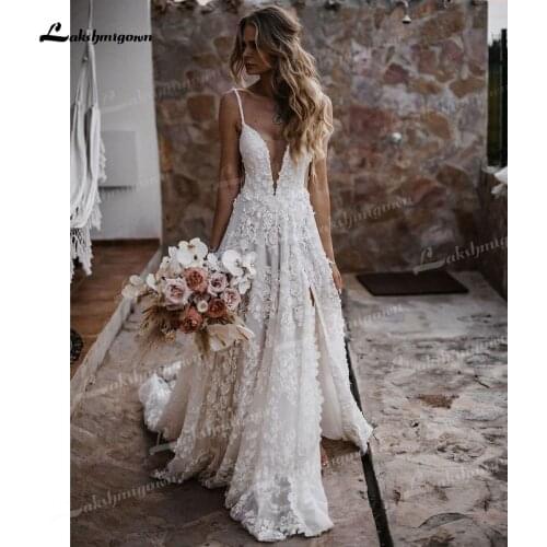 Sexy Charming A-Line Lace Wedding Dresses Spaghetti Straps Off The Shoulder Deep V-Neck Low Backless Bride Gown Court Train