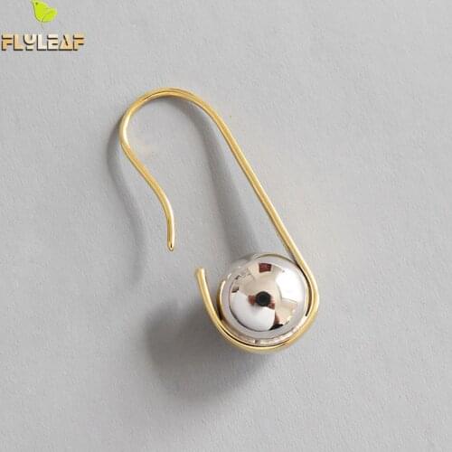 Flyleaf Gold U Shape Pin Ball Dangle Earrings For Women Personality Lady 100% 925 Sterling Silver Fashion Jewelry