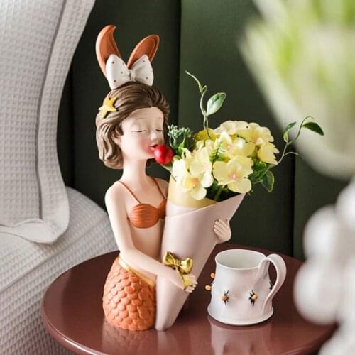Nordic Resin Mermaid Girl Sculpture Ornaments Living Room Dining Table Flower Arrangement Container Home Decoration Accessories