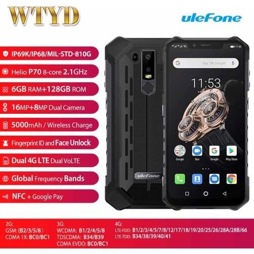 Ulefone Armor 6S IP68 Waterproof 4G Mobile Phone 6.2" 6GB 128GB Helio P70 Android 9.0 16MP 5000 mAh Wireless Charger Smartphone