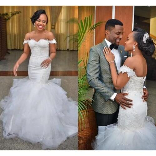 Vintage African off Shoulder Mermaid Lace Wedding Dresses Plus Size Ivory Floor Length Lace up Back Bridal Gowns Custom Made