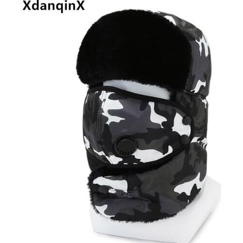 XdanqinX camouflage hat winter warm thick fur bomber hats for men women windproof cotton earmuffs caps couple hat ski cap unisex