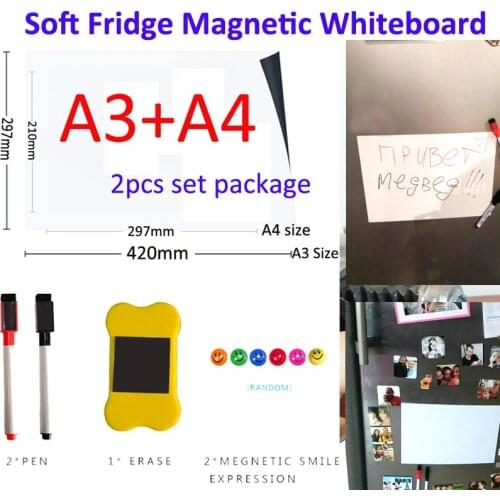 YIBAI Magnetic Whiteboard Soft Home Office Kitchen Magnet Dry Erase Board White Board Flexible Pad Magnet Fridge A3+A4 Set