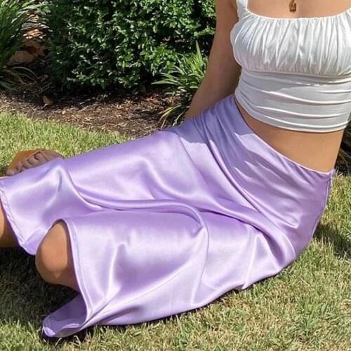 Lady Fashion Sexy Midi Skirts Hot Summer Women Solid Color Purple Bottoms High Waist Slimming Bodycon OL Party Club Satin Skirt