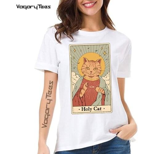 Funny Woman T Shirts 2021 Holy Cat Printed Funny Women Tshirt Vintage Anime Harajuku Woman Casual Tops Cute Girl White Tee shirt