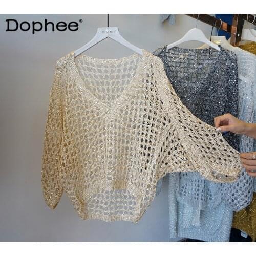 New Style Bright Silk Sequined Blouse Outer Sweater Sexy Ripped Hollow-out V-neck Batwing Sleeve Pullover Tops for Women