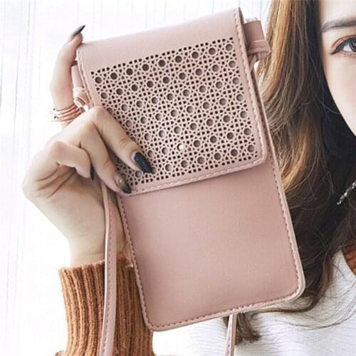Woman Hollow Out Phone Bag Mini Shoulder Bag Crossbody Bag Touch Screen Mobile Phone Bag Leather Wallet Change Bag
