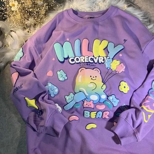 Sky Blue Purple Cate Bear Letter Printing Sweatshirt Women Cartoon Clothes for Teens Girl Oversized Casual Harajuku Couples Tops