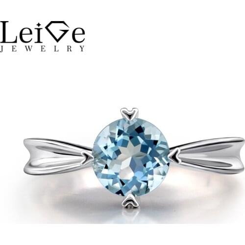 Leige Jewelry Aquamarine Rings for Women Silver 925 Jewlry Blue Gemstone Engagement Promise Ring Round Cut March Birthstone