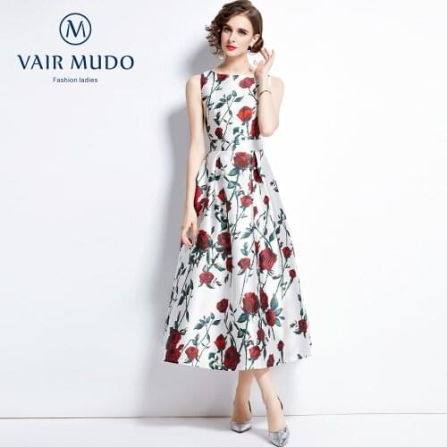 Women Fashion 2021 Sleeveless High Waist Dress Three-Dimensional Cut Waist A-Line Skirt Women Elegant Fashion Dress O-Neck Y-228