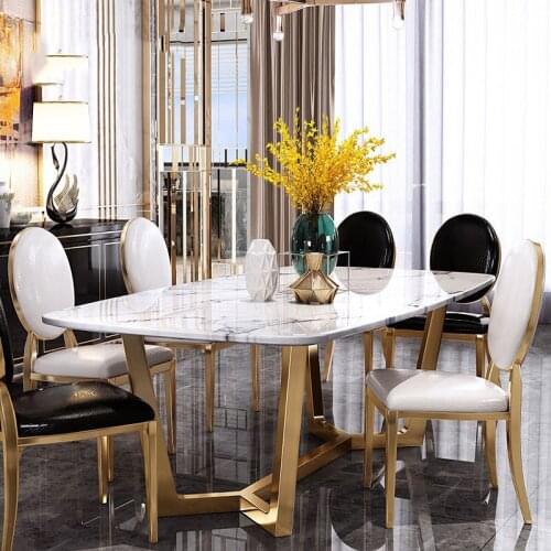 2019 Nordic marble dining table Hong Kong style postmodern furniture light luxury stainless steel home rectangular dining table