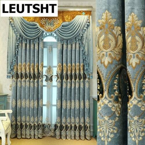 2021 Luxury Living Room European-style High-end Chenille Blackout Embroidered Curtains for Bedroom Blue Luxury Curtains Custom