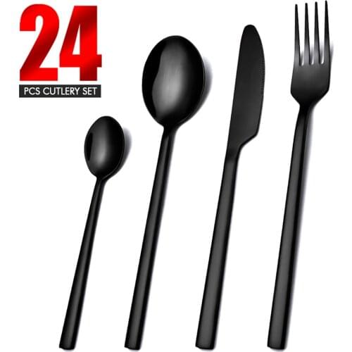 24PCS Cutlery Set Stainless Steel Dinnerware Set Knife Fork Spoon Dinner Set Tableware Black Matte Cutlery Set