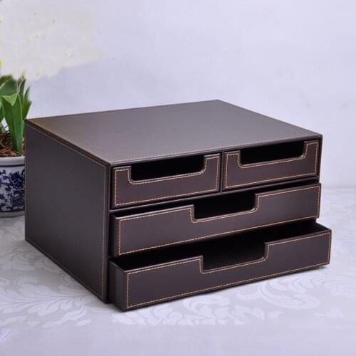 3-layer 4-drawer wood structure leather desk filing cabinet storage box office organizer document container brown 216B