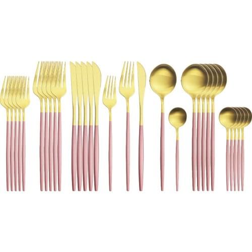 30Pcs Matte Pink Gold Cutlery Set Stainless Steel Dinnerware Knives Dessert Fork Spoon Tableware Kitchen Flatware Silverware Set