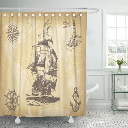 Abstract Vintage Sailing Ship Compass Lighthouse Wheel Anchor Shower Curtain Waterproof Polyester Fabric 72 x 72 Inches Set