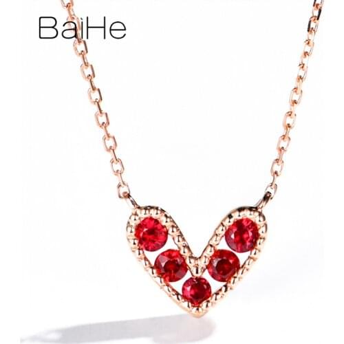 BAIHE Solid 18K Rose Gold 0.16ct Round Natural Rubis Engagement Trendy Fine Jewelry Gift Beautiful heart-shaped ruby Necklaces